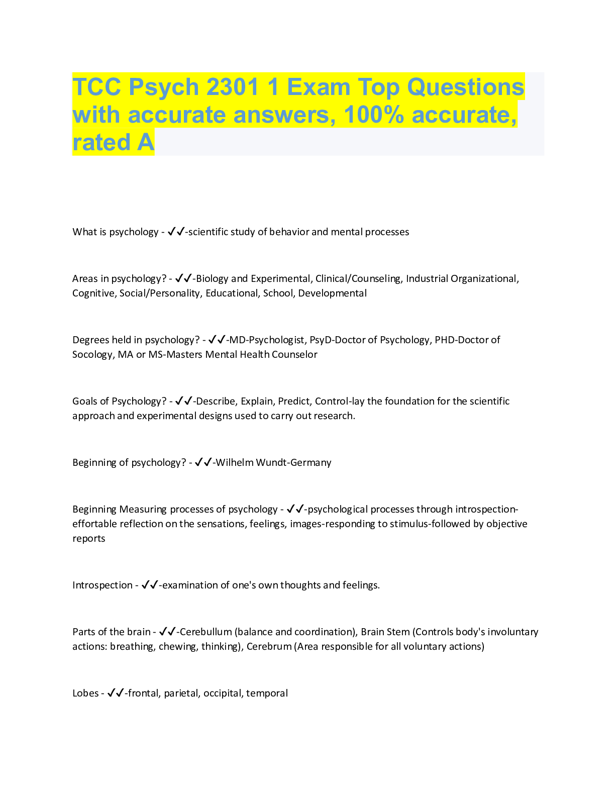 Preview image for TCC Psych 2301 1 Exam Top Questions  with accurate answers, 100% accurate,  rated A